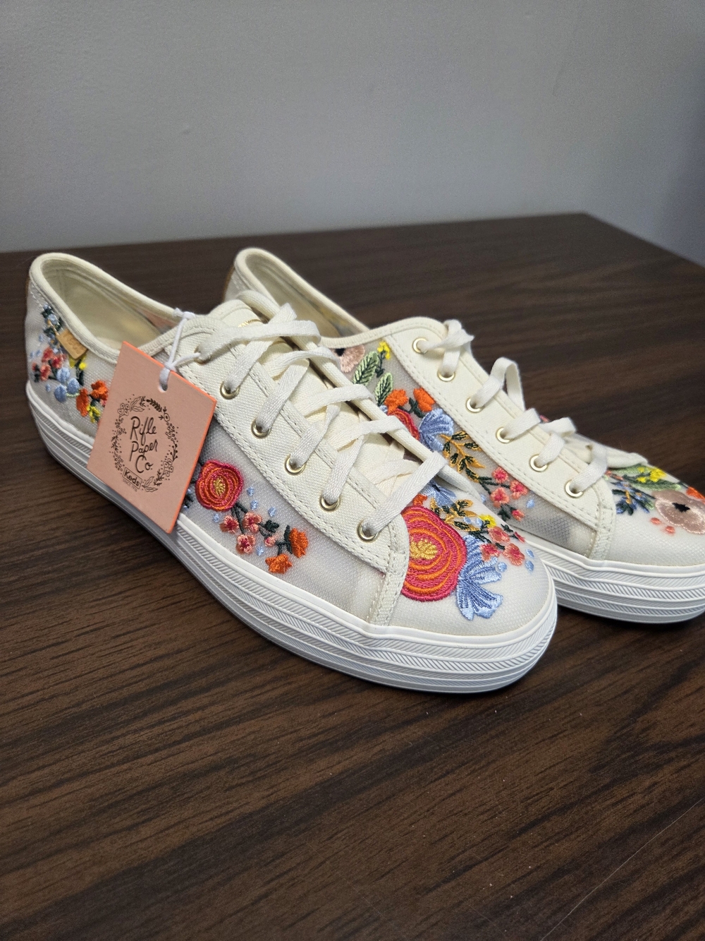Keds Rifle Paper Co. Cream Canvas Sneakers with Multicolor Floral Embroidery